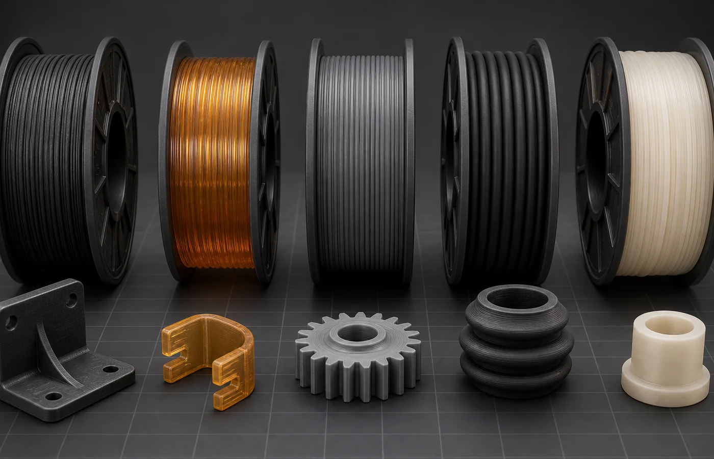Digital render of five filament spools with functional 3D printed test parts