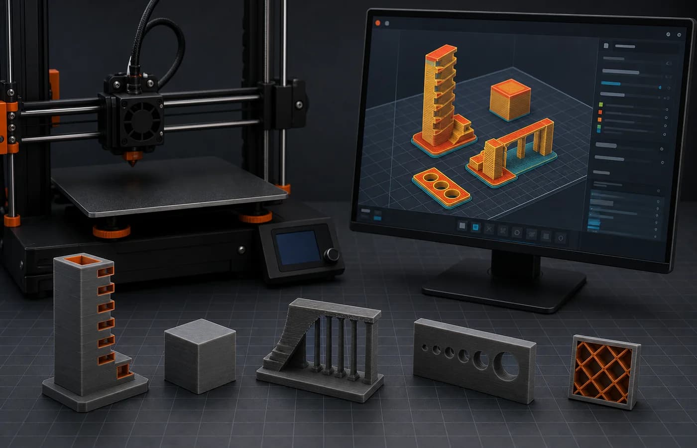 Digital render of a 3D printer, abstract slicer preview, and calibration test prints