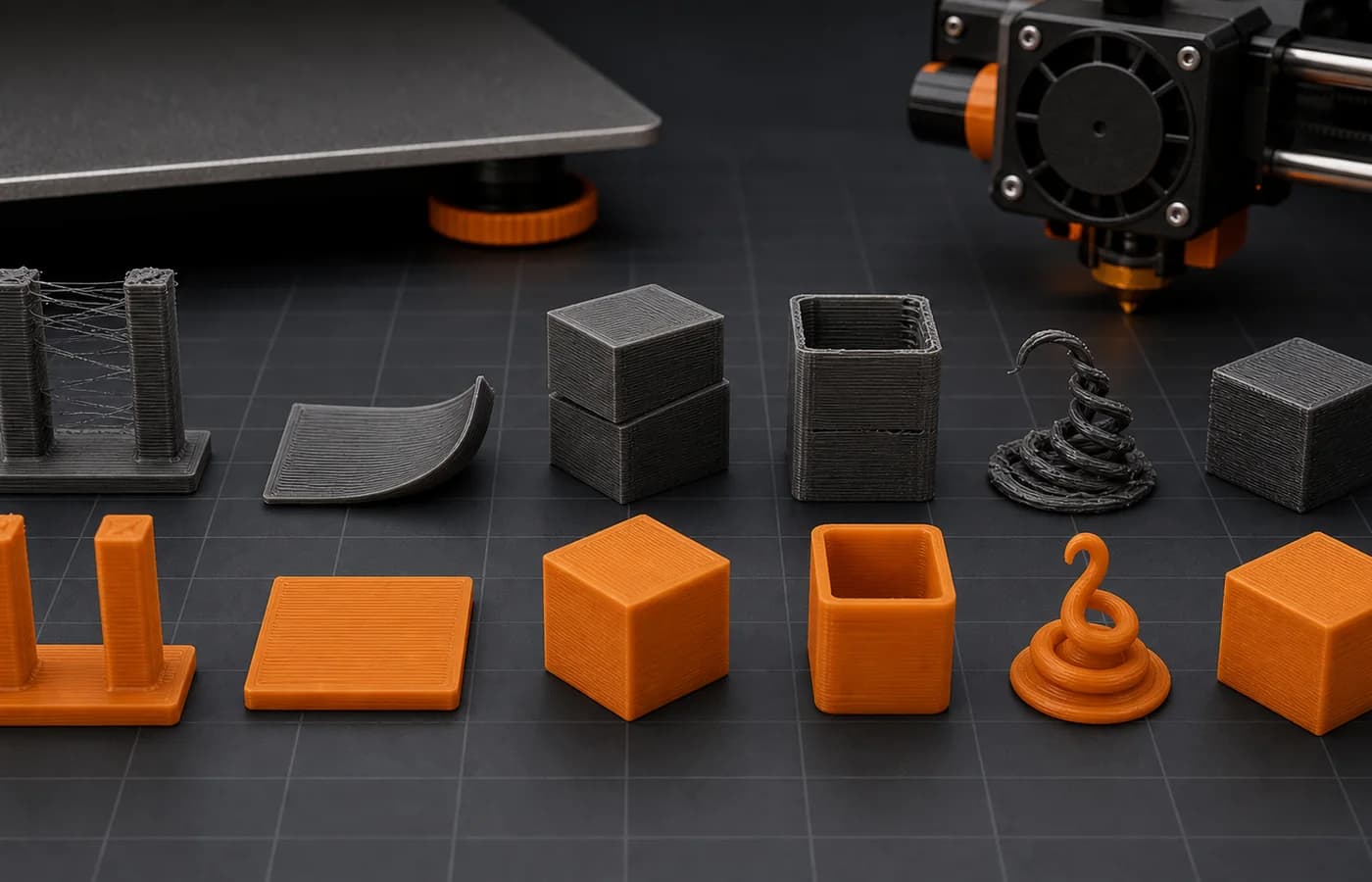 Digital render of common 3D print quality issues including stringing, warping, layer shifting, and failed extrusion