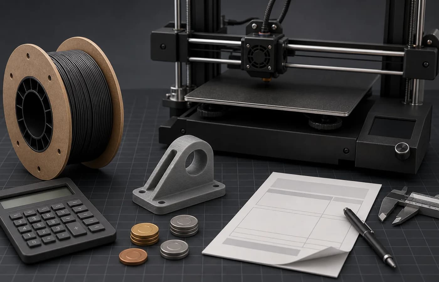 Digital render of a 3D print pricing desk with a printer, filament, calculator, printed part, and quote sheet