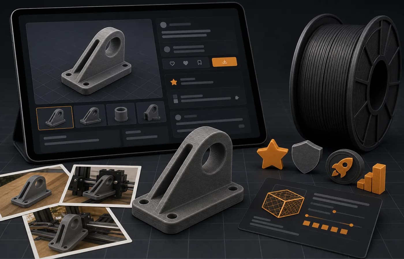 Digital render of a generic 3D model listing page with a printed part, photos, filament, and reward tokens