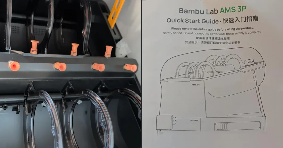 Leaked photo of the Bambu Lab AMS 3P with its lid open (left) and the cover of its Quick Start Guide showing it on a P3C (right)