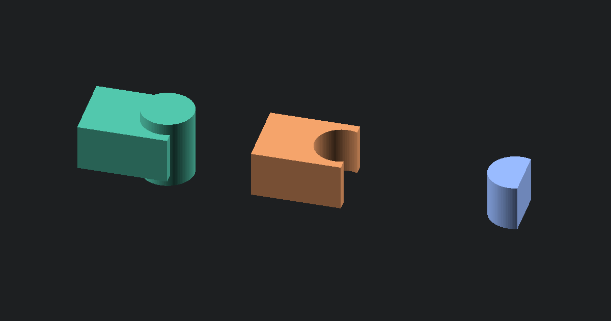 OpenSCAD union, difference, and intersection results made from the same block and cylinder