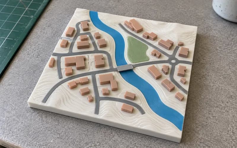 Printed neighborhood map with buildings, roads, a park and a blue river on a white terrain base.