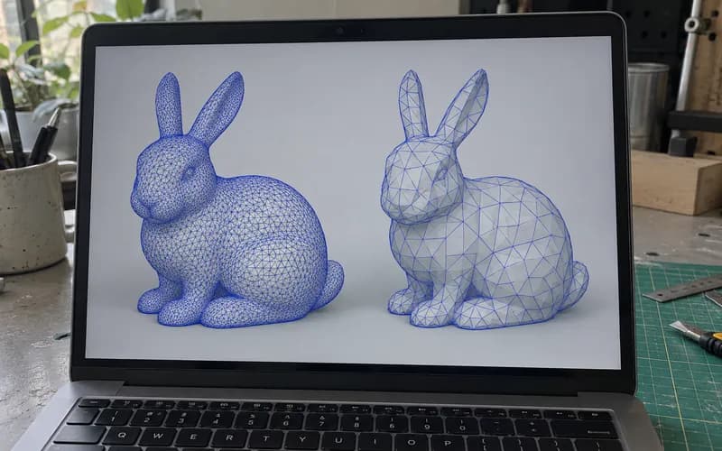 Dense and simplified meshes of the same bunny displayed side by side on a laptop.