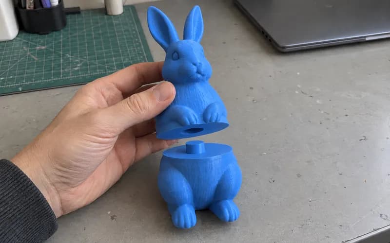 Two sections of a blue printed bunny with a round peg and matching socket.