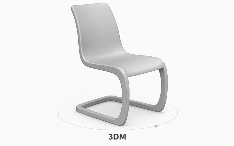 A smooth gray cantilever chair model on a faint viewing grid with a 3DM label and orbit arc.