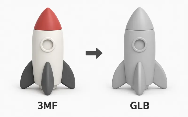 Multicolored 3MF toy rocket becoming an identically shaped plain gray GLB model.