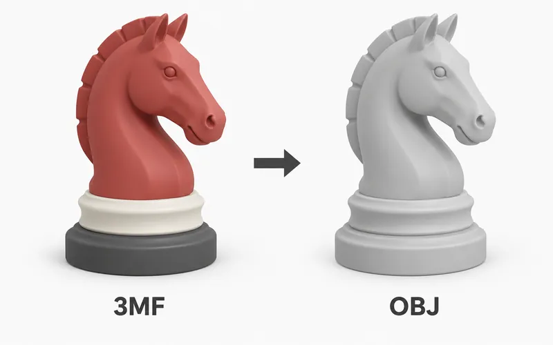 Multicolored 3MF chess knight becoming an identically shaped plain gray OBJ model.