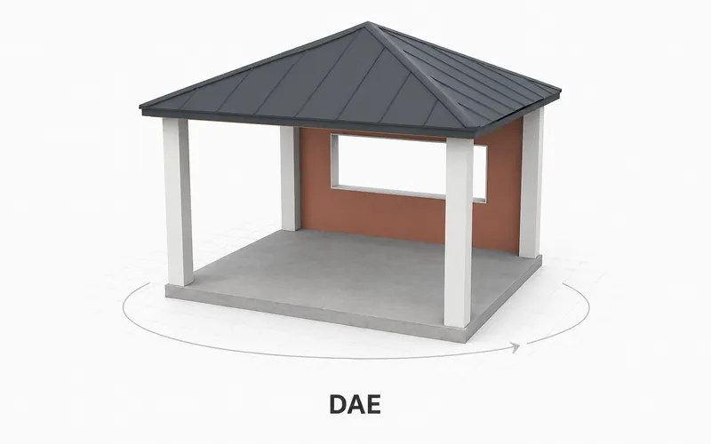 A compact architectural pavilion model on a viewing grid, labeled DAE.