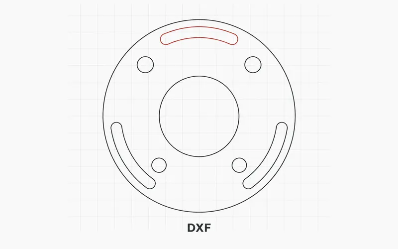 A flat DXF outline drawing of a slotted circular mounting plate on a faint grid.