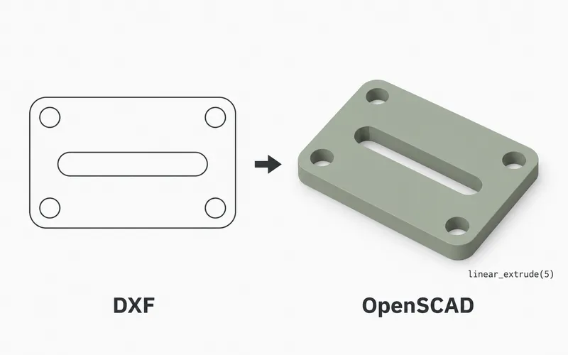 Flat DXF outline of a four-hole mounting plate becoming a matching extruded OpenSCAD model.