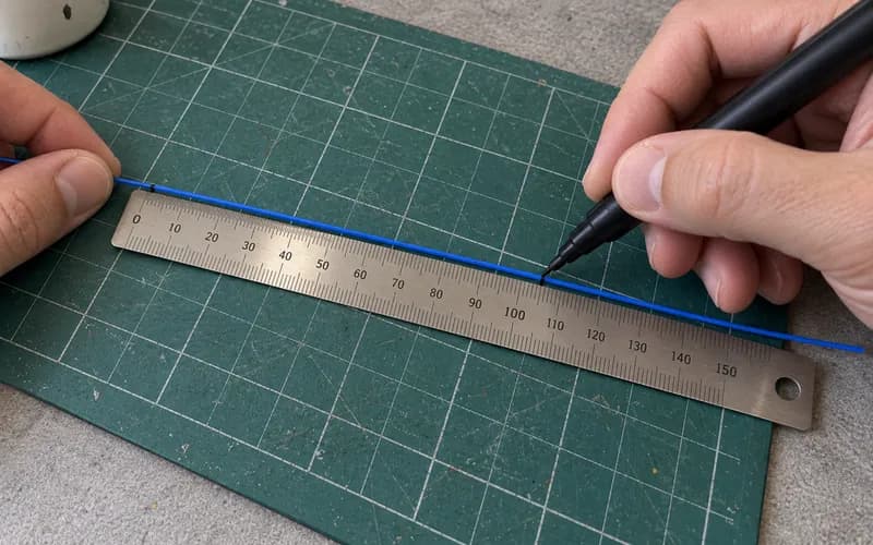 Maker marking blue filament beside a steel ruler on a cutting mat for a length measurement.