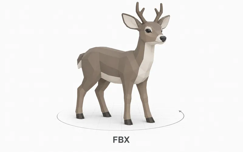 A stylized gray-brown deer figurine on a viewing grid, labeled FBX.