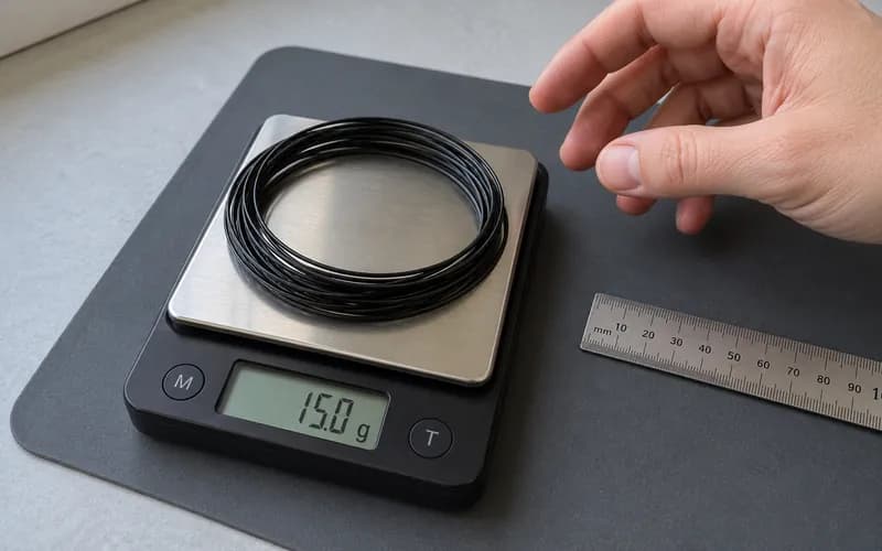 Loose black filament coil being weighed on a digital scale beside a ruler and a maker's hand.