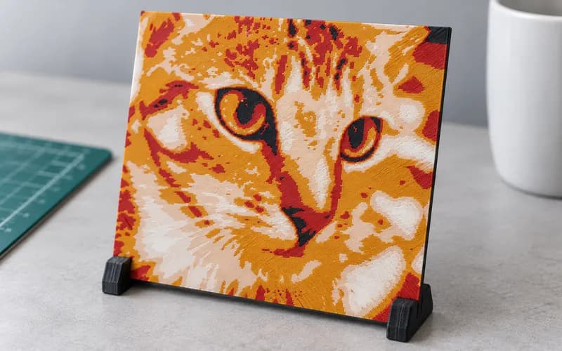 Four-color filament painting of a cat's face standing on a black printed stand.