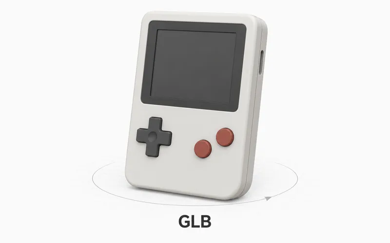 A colored retro handheld game-console model on a viewing grid, labeled GLB.