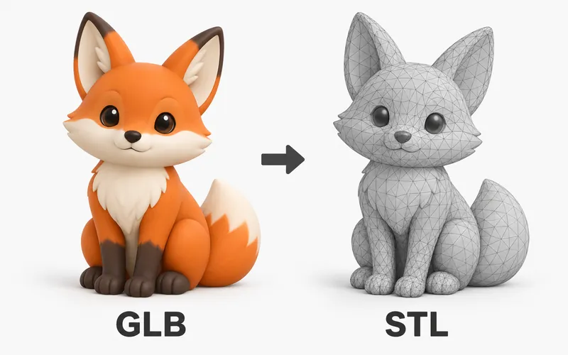 Colored orange GLB fox figurine becoming a matching gray STL model with visible triangle mesh edges.