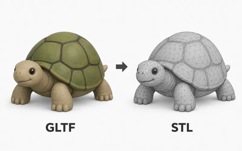 A colored GLTF tortoise model becoming an identically shaped plain gray STL mesh.
