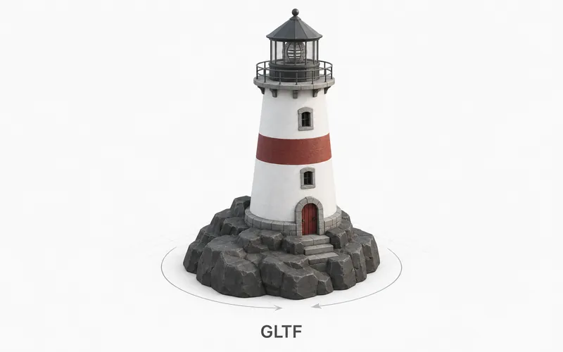 A colored miniature lighthouse model on a viewing grid, labeled GLTF.