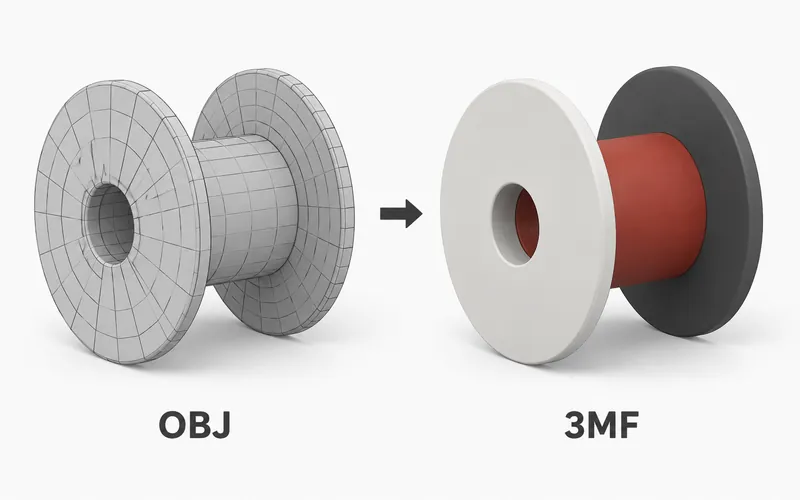 Gray OBJ cable reel beside an identically shaped 3MF reel illustrated in brick-red, off-white and charcoal regions.