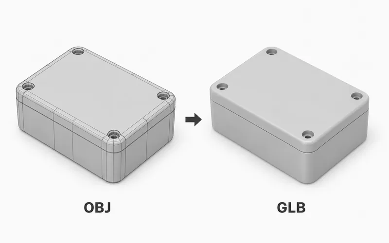 Matching gray electronics enclosure models labeled OBJ and GLB, shown as a mesh and solid preview.