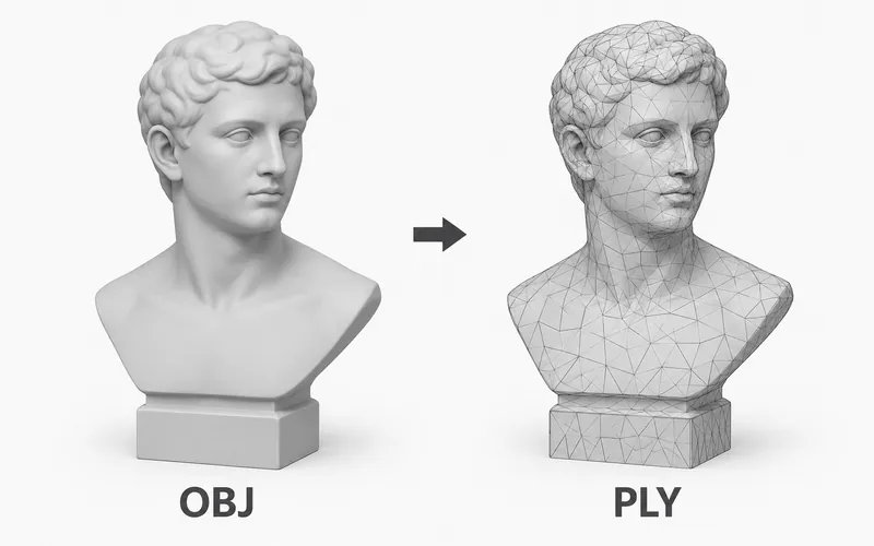 Matching gray classical bust models labeled OBJ and PLY, with a triangulated mesh overlay on the PLY model.