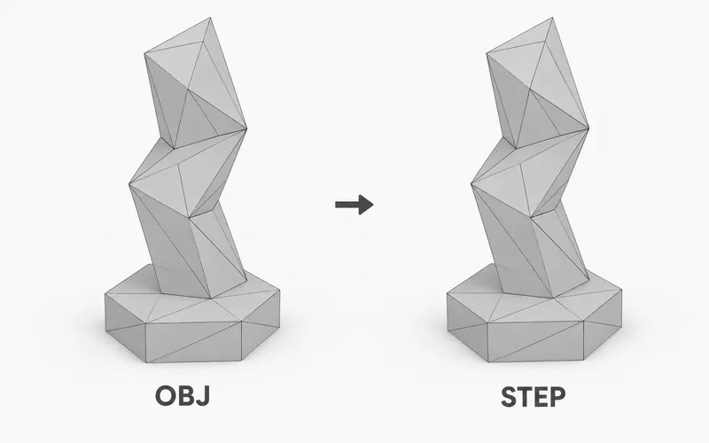 Matching angular twisted tower sculptures labeled OBJ and STEP, retaining the same flat polygon faces.