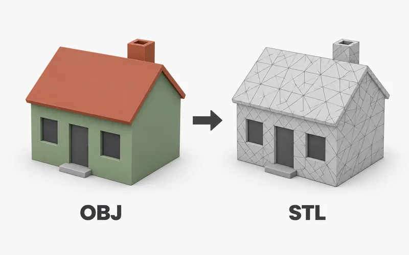 Colored OBJ house becoming a matching gray STL house with visible triangle mesh edges.