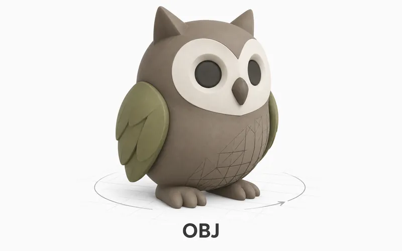 A textured owl figurine with subtle polygon edges on a viewing grid, labeled OBJ.