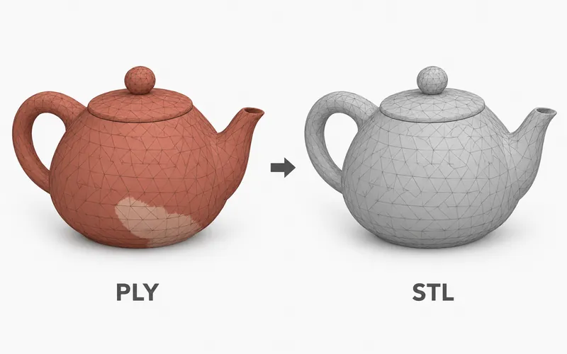 A terracotta teapot surface model labeled PLY becoming an identically shaped plain gray STL mesh.