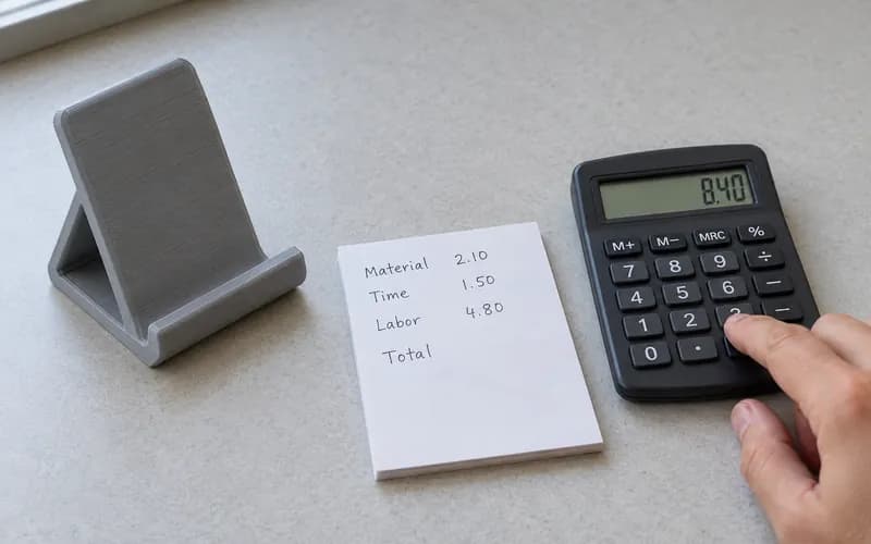 A maker using a pocket calculator to price a gray printed phone stand beside handwritten cost notes.