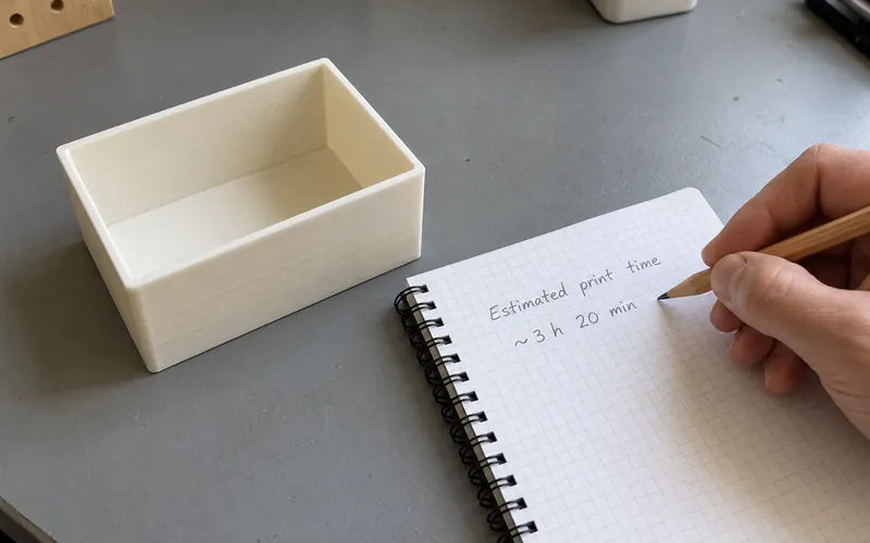 Maker writing a rough print-time estimate in a notebook beside an off-white printed parts box.