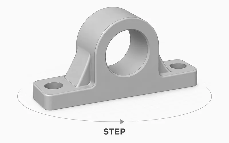 A smooth gray pillow-block housing CAD model on a faint viewing grid, labeled STEP.