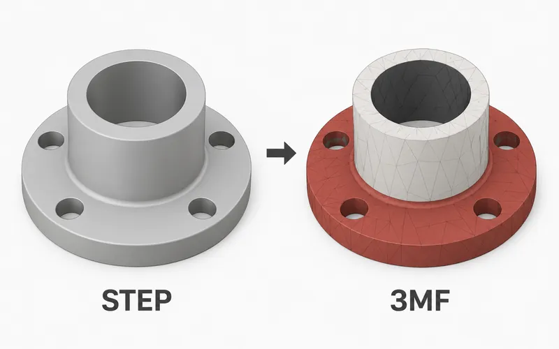 Smooth gray STEP flanged bushing beside the same 3MF shape illustrated with brick-red, off-white and charcoal regions.