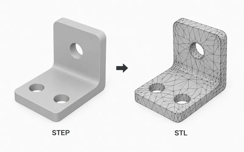 Smooth STEP mounting bracket becoming the same bracket represented by an STL triangle mesh.