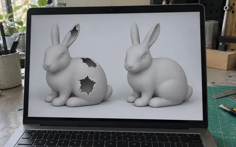 Laptop showing a gray bunny model with ragged holes beside the same bunny repaired and whole.