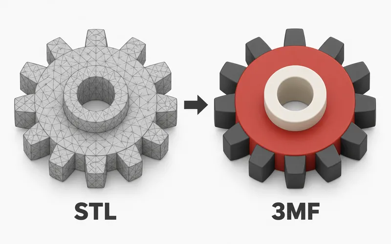 Triangulated gray STL gear beside a matching 3MF gear illustrated with a brick-red body, off-white hub and charcoal teeth.