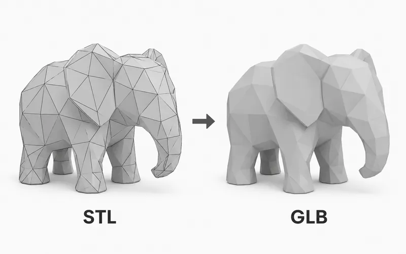 Matching low-poly elephant models labeled STL and GLB, with a mesh overlay on the source.