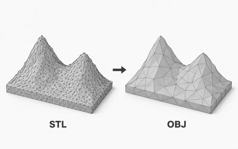 A dense triangular mountain mesh beside a simpler OBJ representation with matching major peaks.