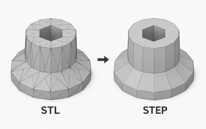 Matching faceted gray control knobs labeled STL and STEP, preserving the mesh shape in the STEP representation.