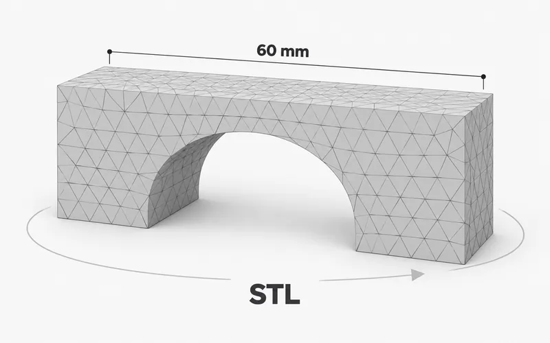 Triangulated gray arched bridge model with a 60 mm measurement line and orbit arc, labeled STL.
