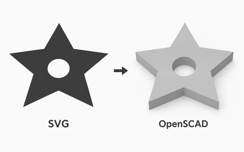 A flat SVG five-point star with a circular center hole becoming a matching shallow OpenSCAD extrusion.