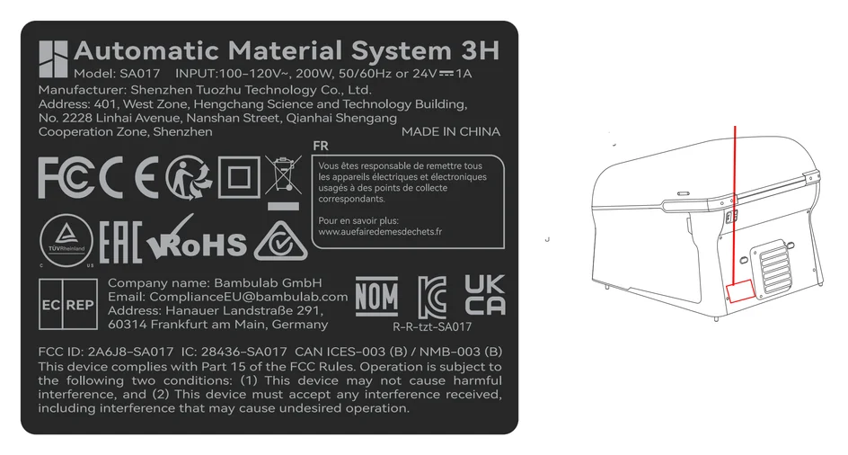 FCC label for the Bambu Lab Automatic Material System 3H, model SA017, rated 100 to 120 V AC at 200 W or 24 V at 1 A, next to a drawing of the unit with a vented panel