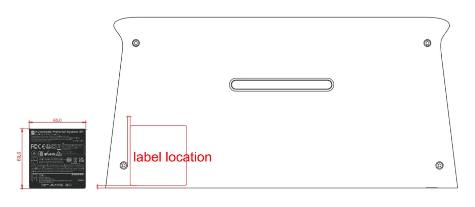 FCC label location drawing for the AMS 3P, showing a flat panel with four screws, one long slot, and the label in the lower left corner