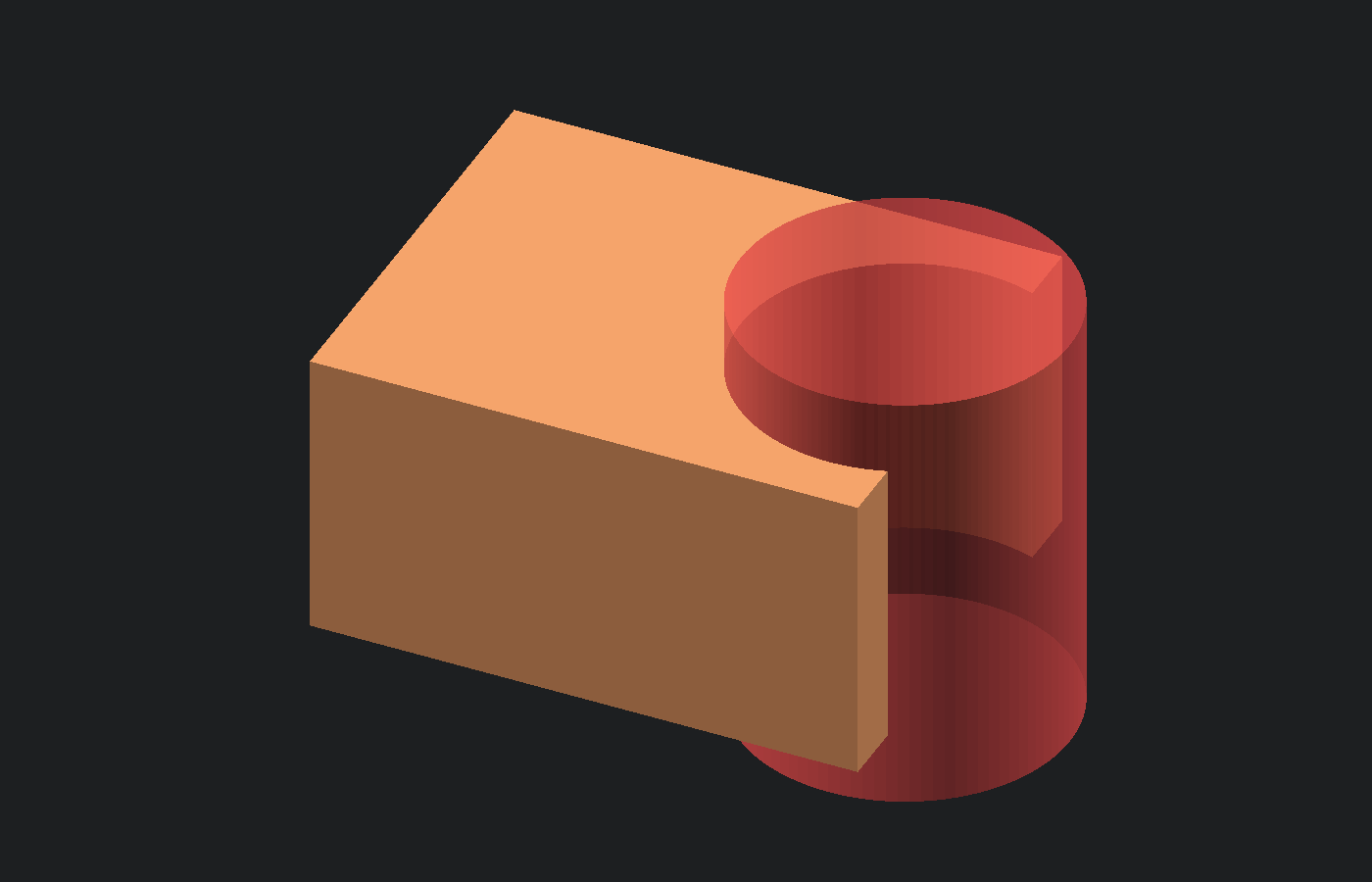 OpenSCAD difference preview with the cutting cylinder highlighted in transparent red