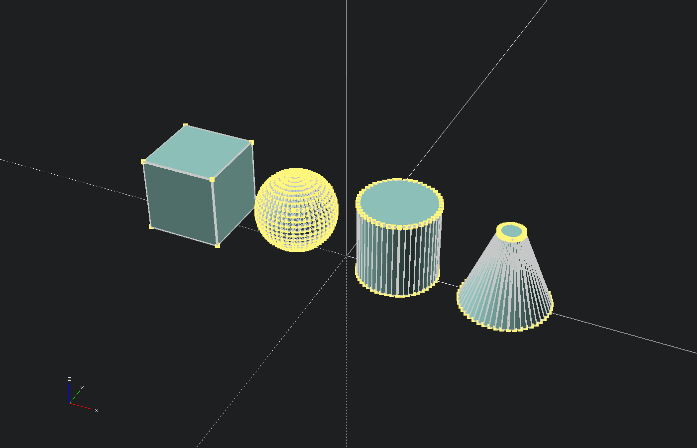OpenSCAD render of a cube, sphere, cylinder, and cone primitive