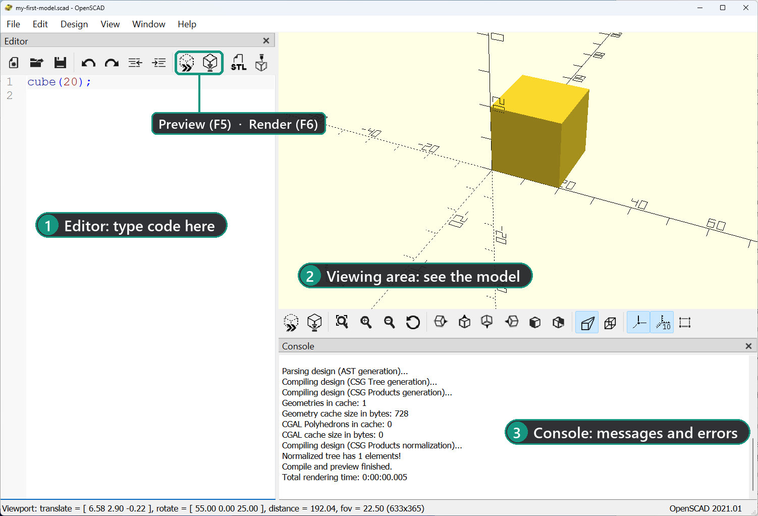 OpenSCAD window with cube(20); in the editor, a yellow cube in the viewing area, and preview messages in the console