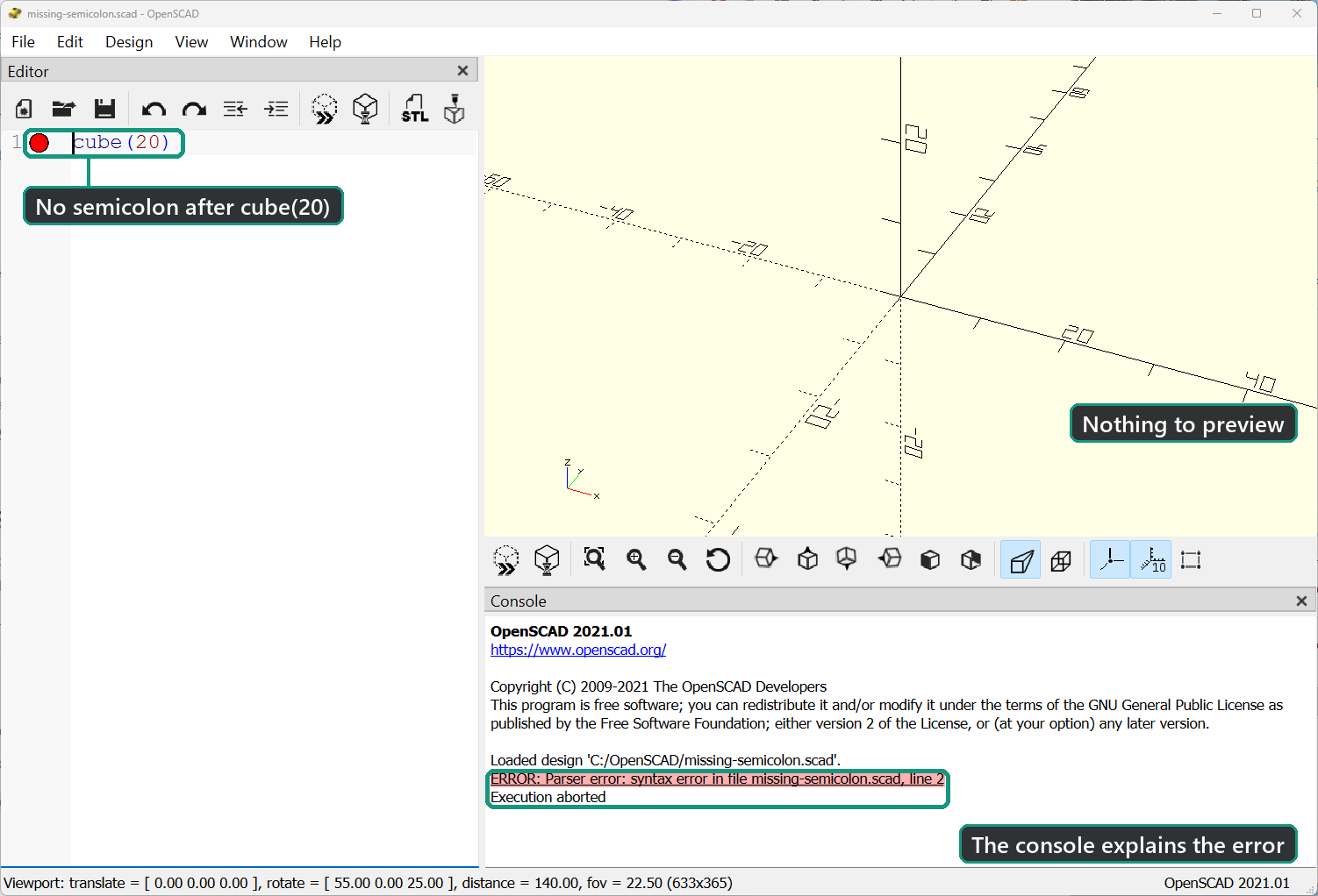 OpenSCAD showing a red error marker beside cube(20) and a parser error in the console