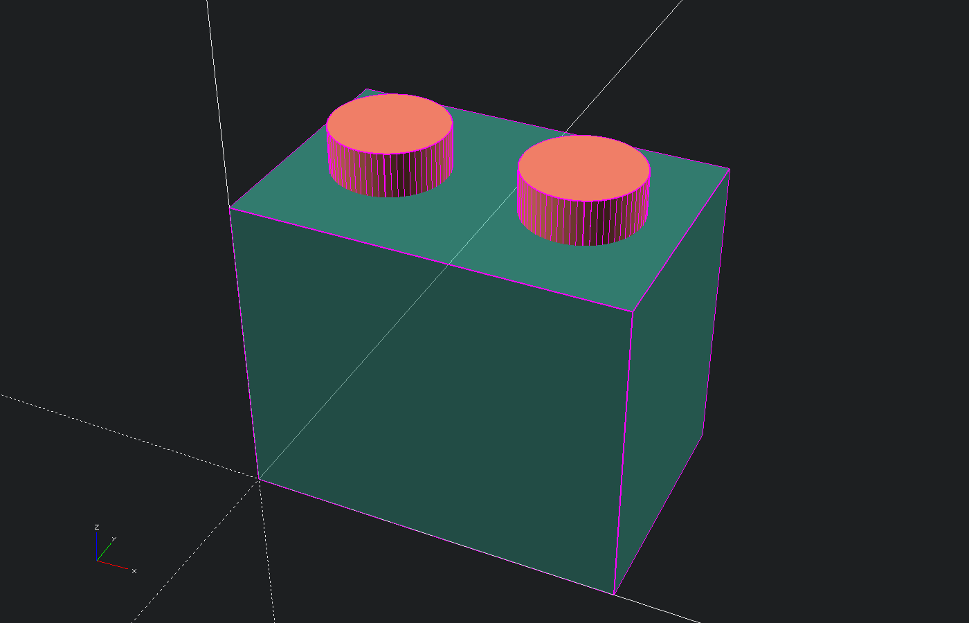 OpenSCAD preview showing two cylinders placed over a box before subtraction